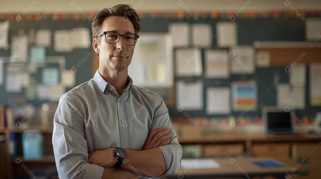 Professor usando óculos de braços cruzados em sala de aula