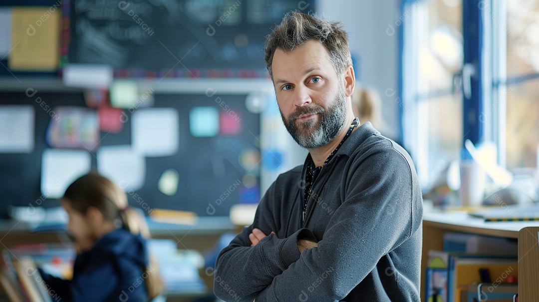 Professor em uma sala de aula incorporando estilo sincero em seu ambiente de trabalho