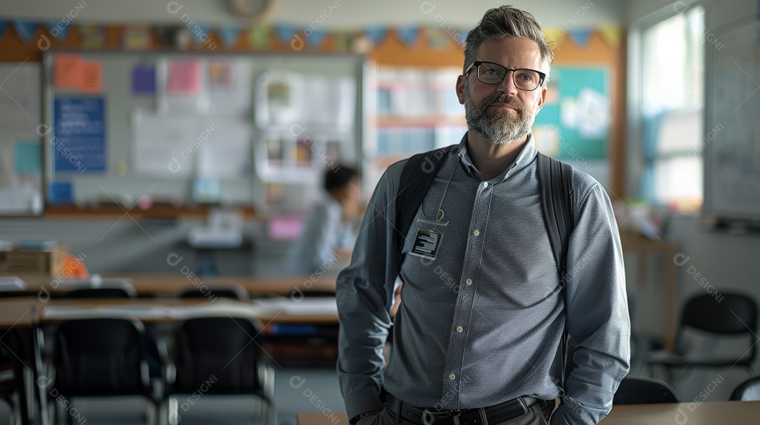 Professor em uma sala de aula incorporando estilo sincero em seu ambiente de trabalho