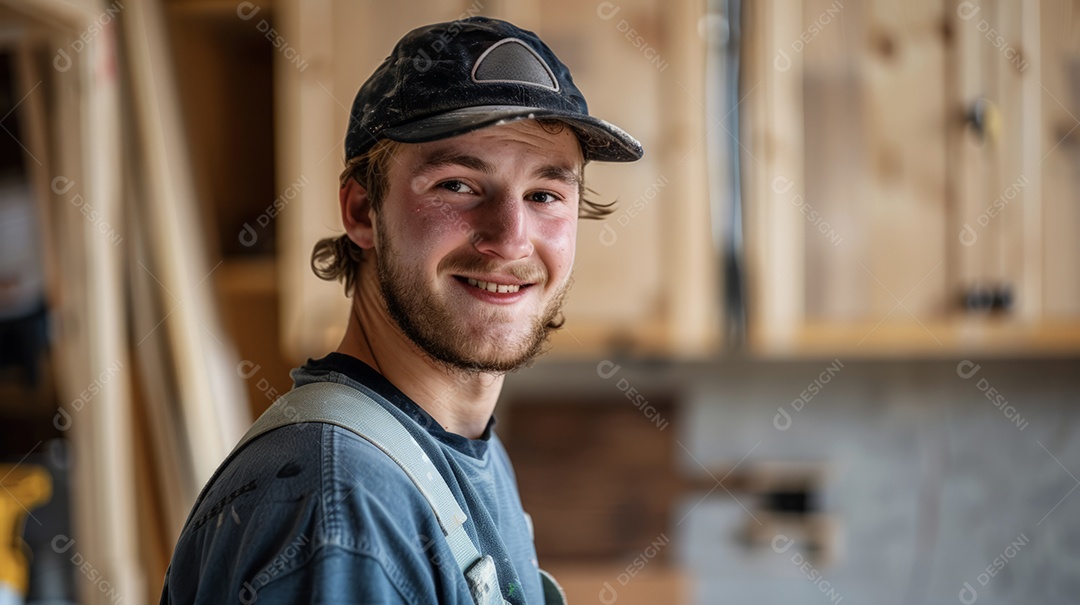 Homem carpinteiro instalando armários de cozinha em reformas residenciais