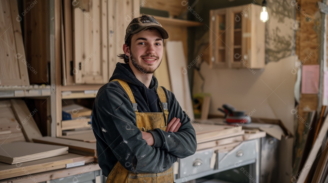 Homem carpinteiro instalando armários de cozinha em reformas residenciais