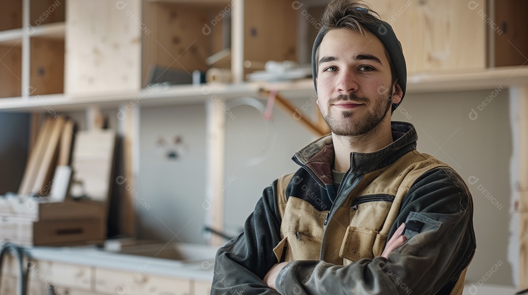 Carpinteiro jovem em seu trabalho instalando armários