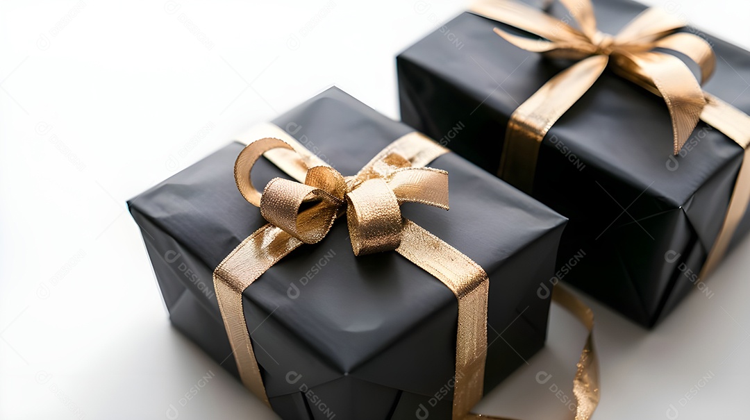 Caixas de presentes pretas com laços dourados