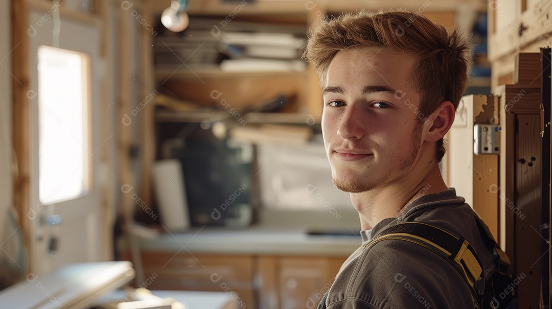 Jovem lindo carpinteiro instalando armários de cozinha