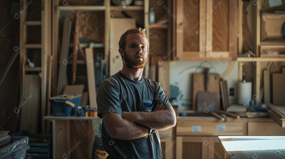 Jovem carpinteiro instalando armários de cozinha em reformas residenciais