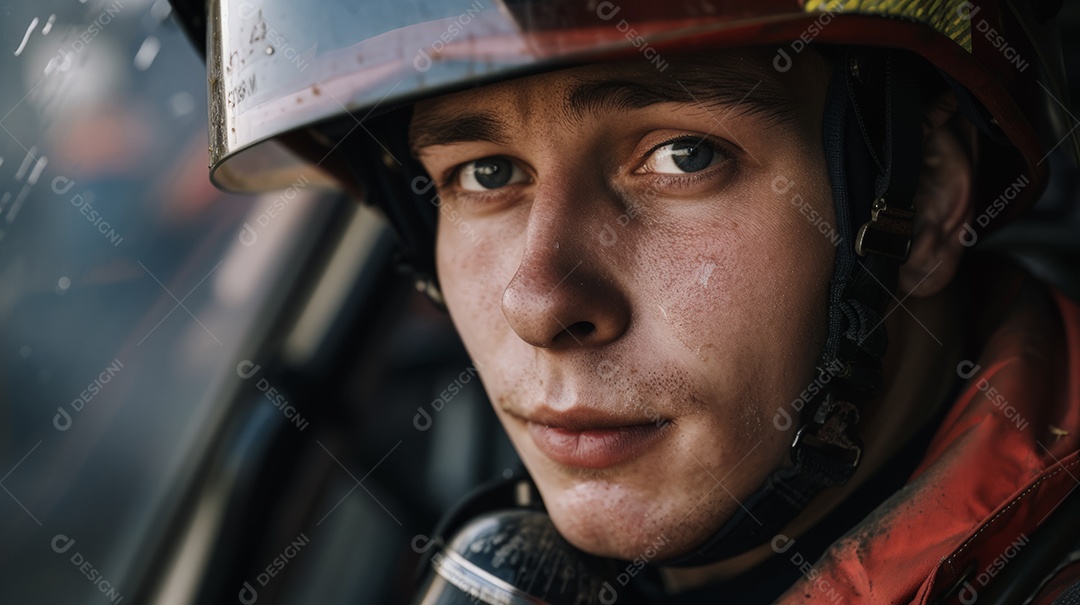 Jovem bombeiro  nas atividades diárias do seu trabalho profissional