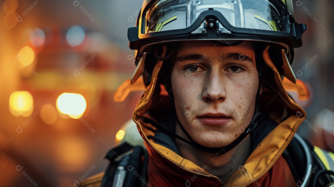 Jovem bombeiro envolvido nas atividades diárias do seu trabalho profissional