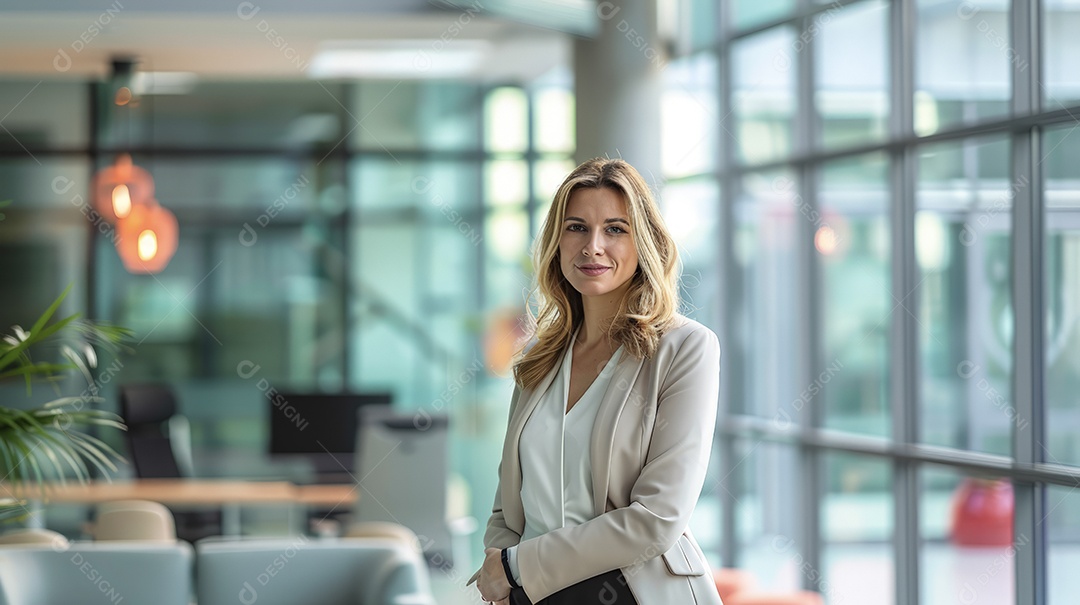 Mulher exuberante profissional de RH em escritório moderno corporativo