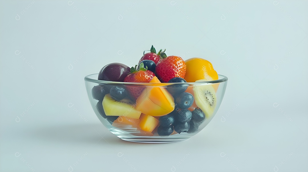 Uma tigela de vidro cheia de frutas deliciosas