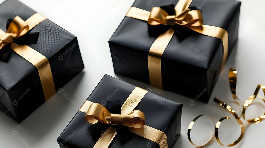 Caixas de presentes pretas e laço dourados