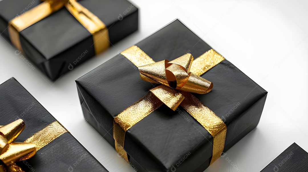 Caixas de presentes pretas com laços dourados