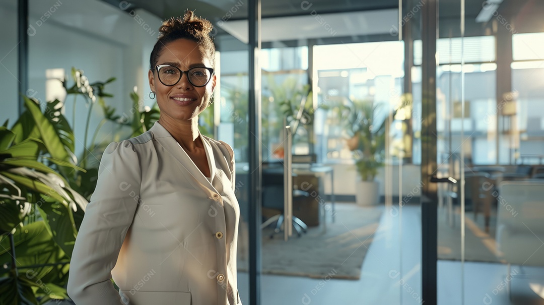 Jovem mulher linda em escritório moderno corporativo