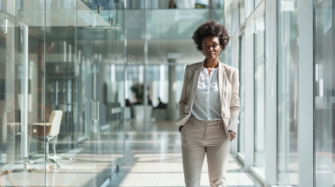 Jovem mulher em escritório moderno corporativo