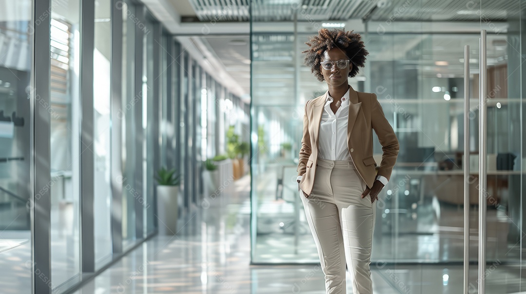 Mulher negra bem sucedida em escritório corporativo moderno