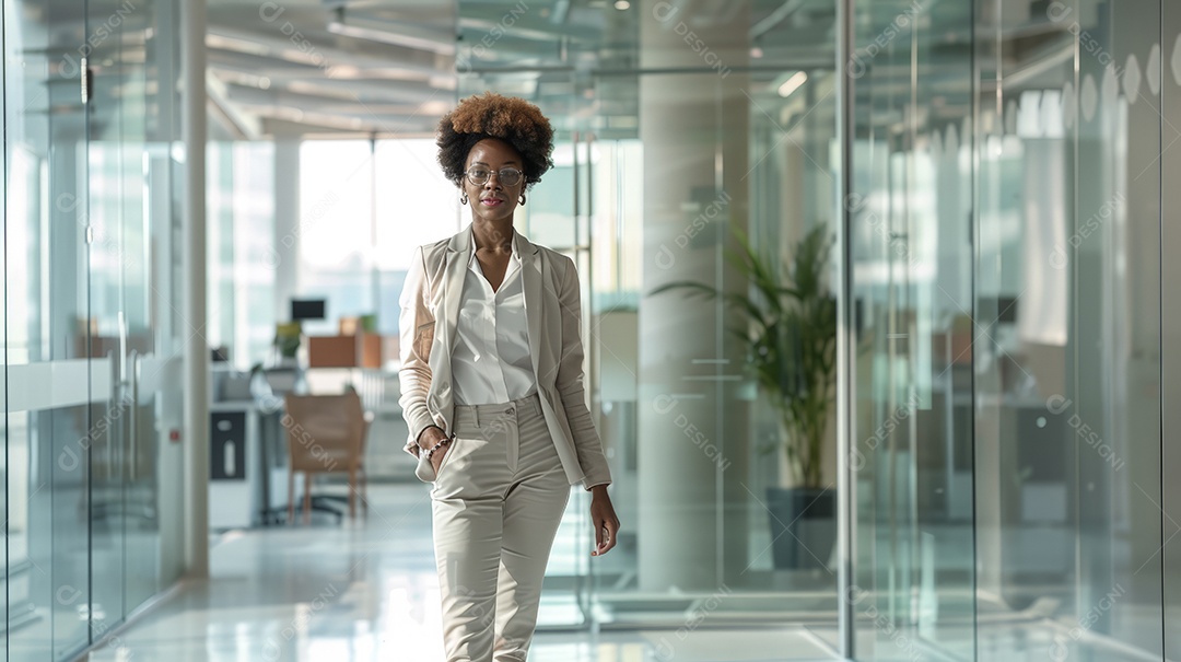 Mulher negra empresária de sucesso no escritório corporativo moderno