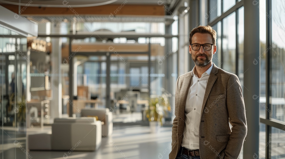 Homem charmoso em seu escritório corporativo moderno