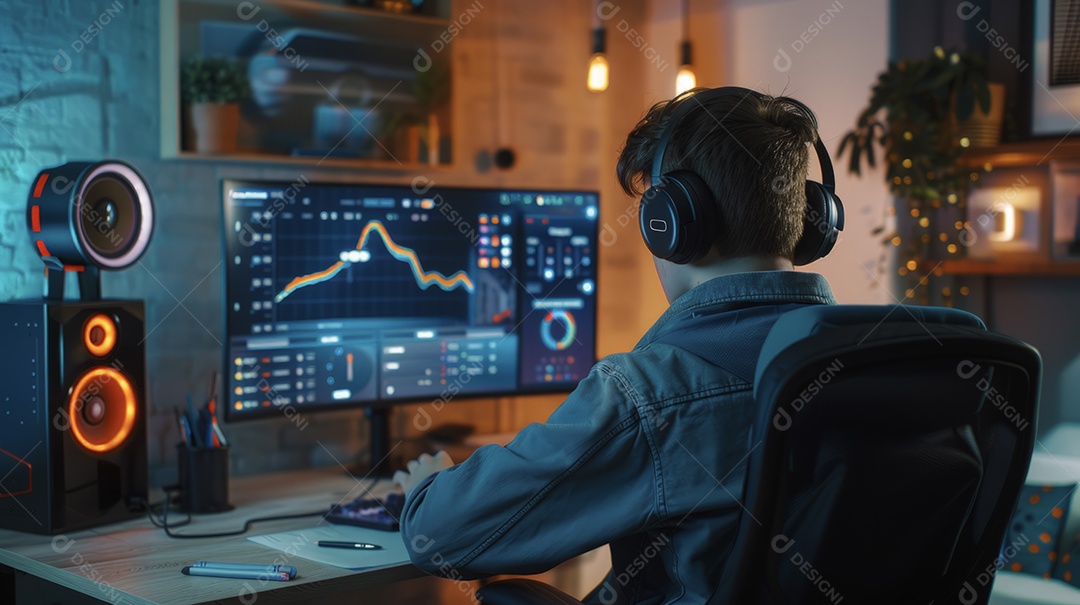 Youtube em home office fazendo vídeos e produzindo conteúdo no computador