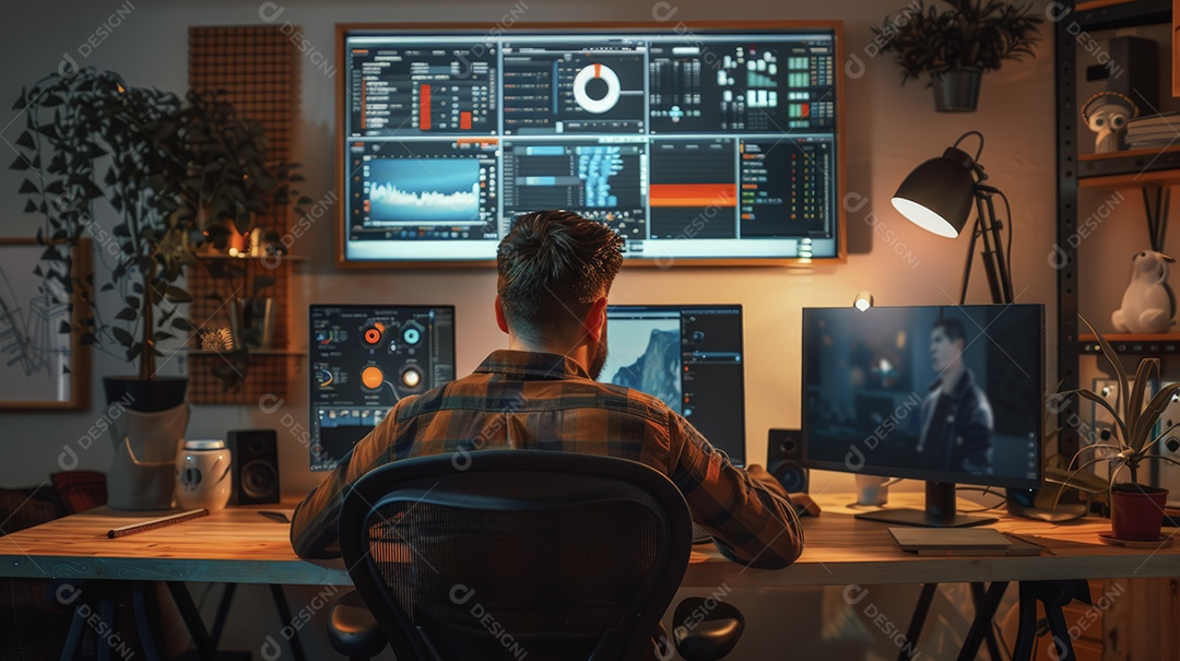 YouTuber em home office fazendo vídeos e produzindo conteúdo no computador