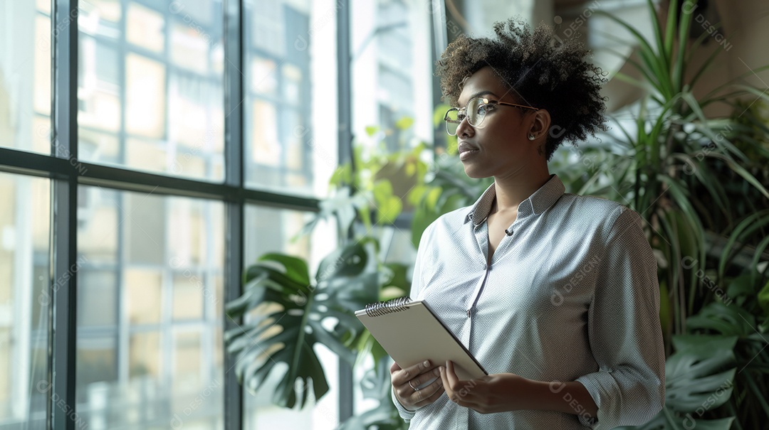 Funcionária em momento de inspiração criativa perto da janela do escritório