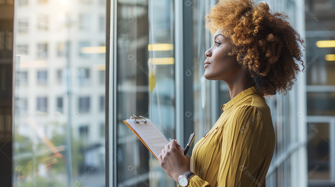 Funcionário em momento de inspiração criativa perto da janela do escritório