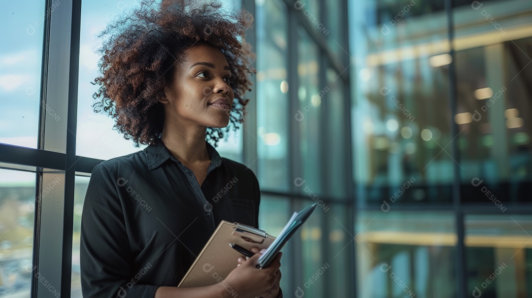 Funcionário em momento de inspiração criativa perto da janela do escritório
