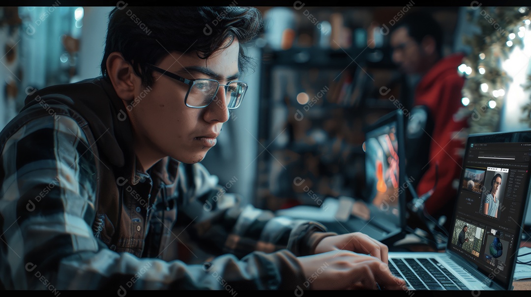 Estudantes filmando e editando videos para publicidade