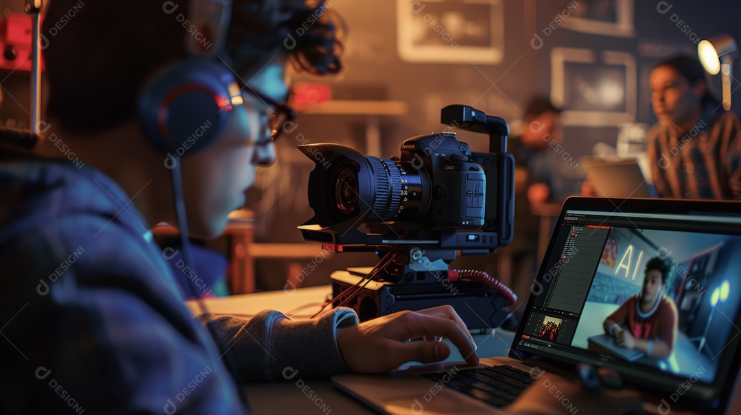 Estudantes filmando e editando videos para publicidade