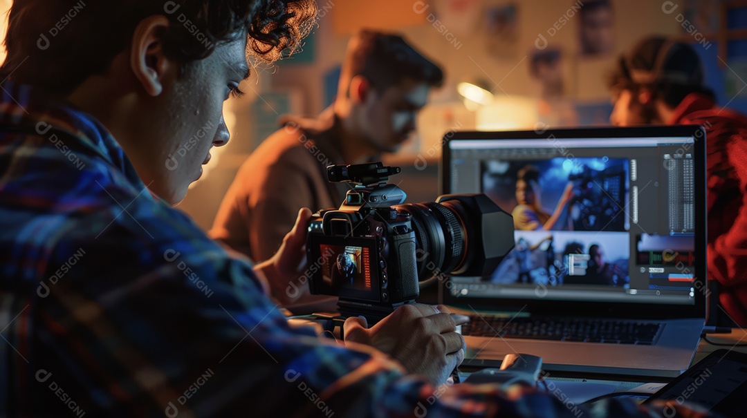 Estudantes filmando e editando videos para publicidade