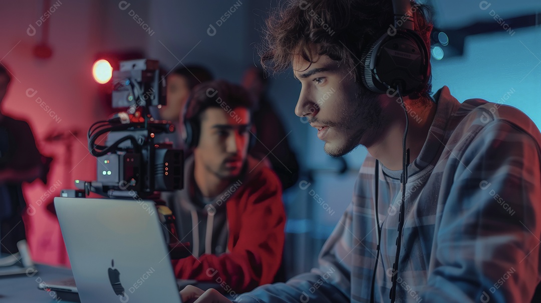 Estudantes editando videos para publicidade