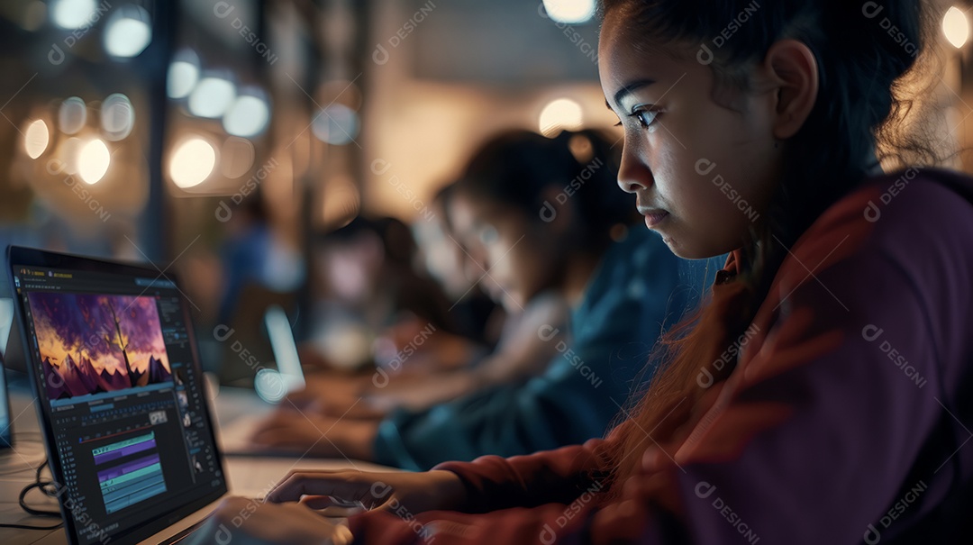 Estudantes editando videos para publicidade