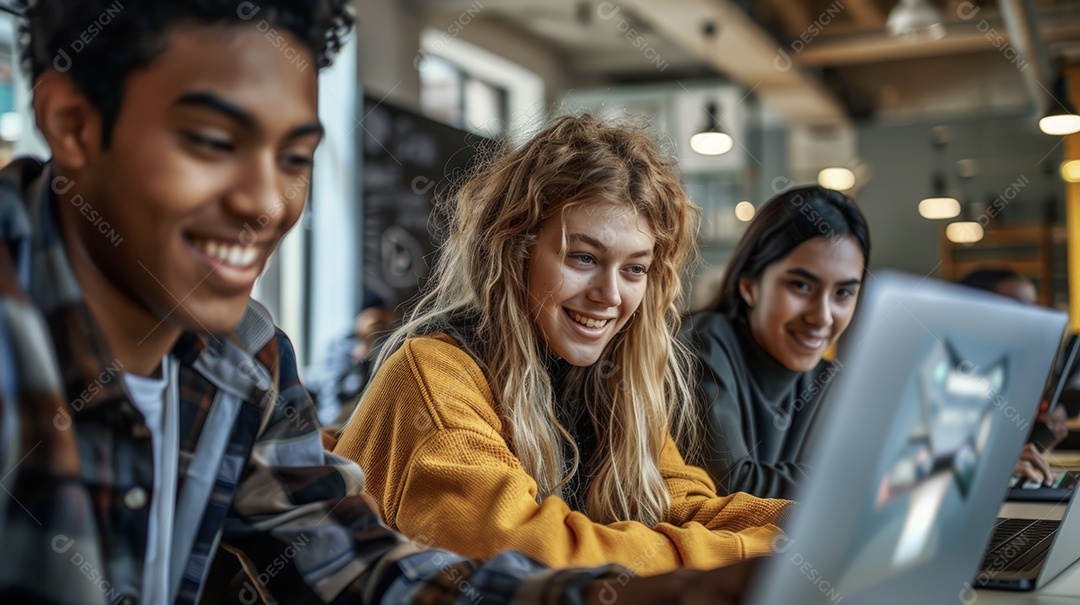 Alunos editando vídeos no laptop para seus canais e trabalhos universitários