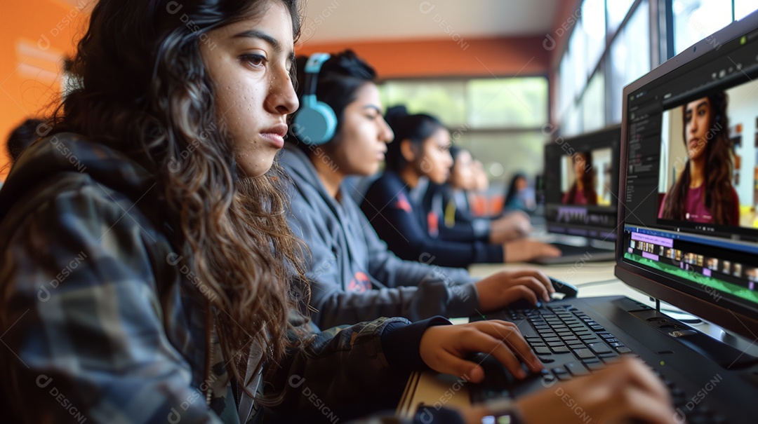 Alunos editando vídeos no laptop para seus canais e trabalhos universitários