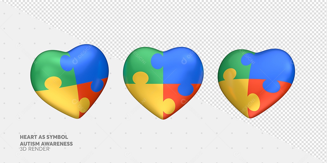 Elemento 3D Coração Colorido Conscientização Autismo para Composição PSD