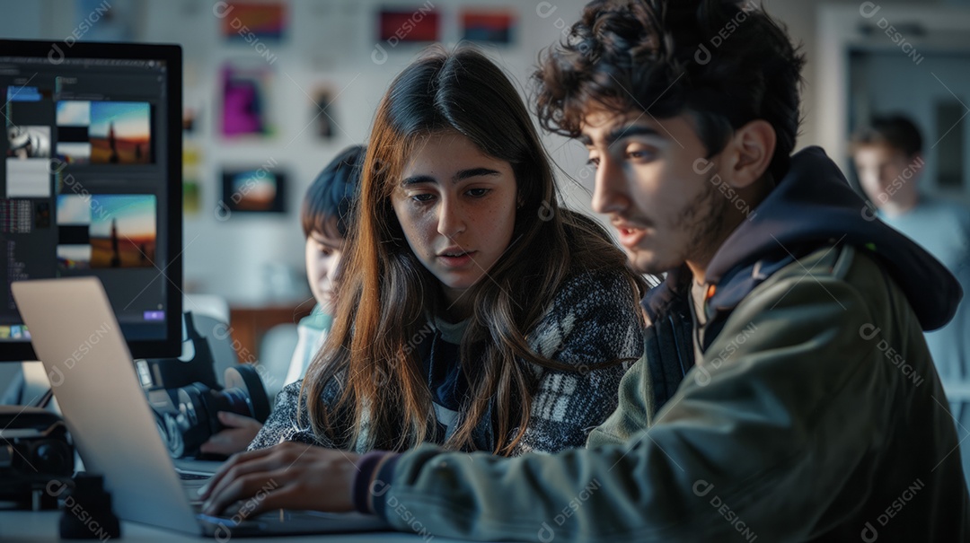 Alunos editando vídeos no laptop para seus canais e trabalhos universitários