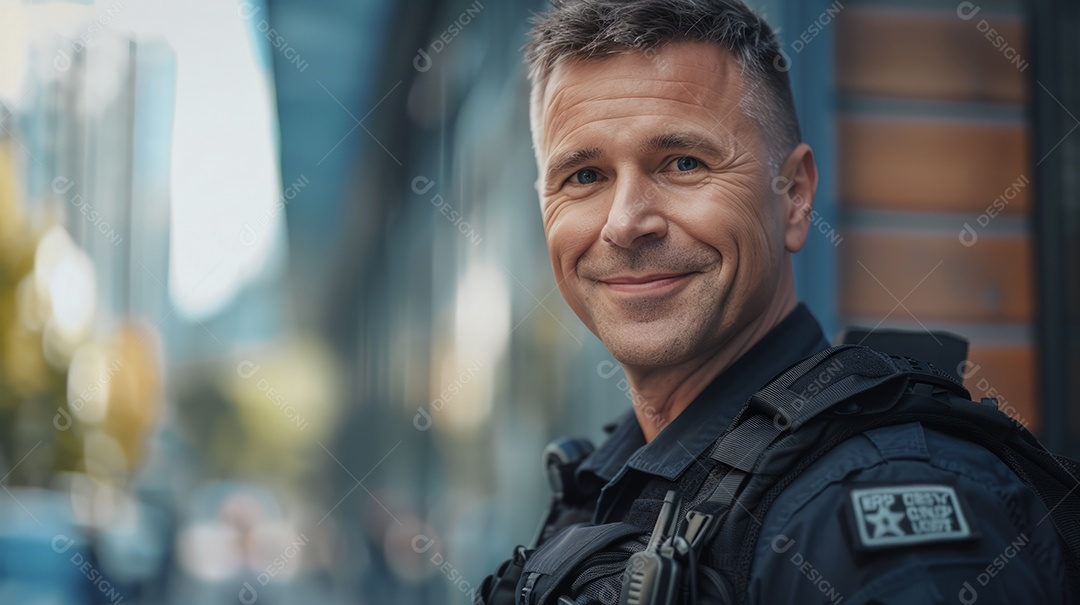 Charmoso e sorridente policial de uniforme olhando para a câmera