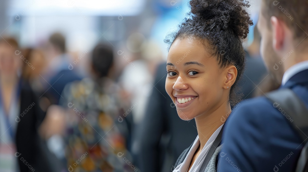 Jovem em conferencia de tecnologia cientifica feliz