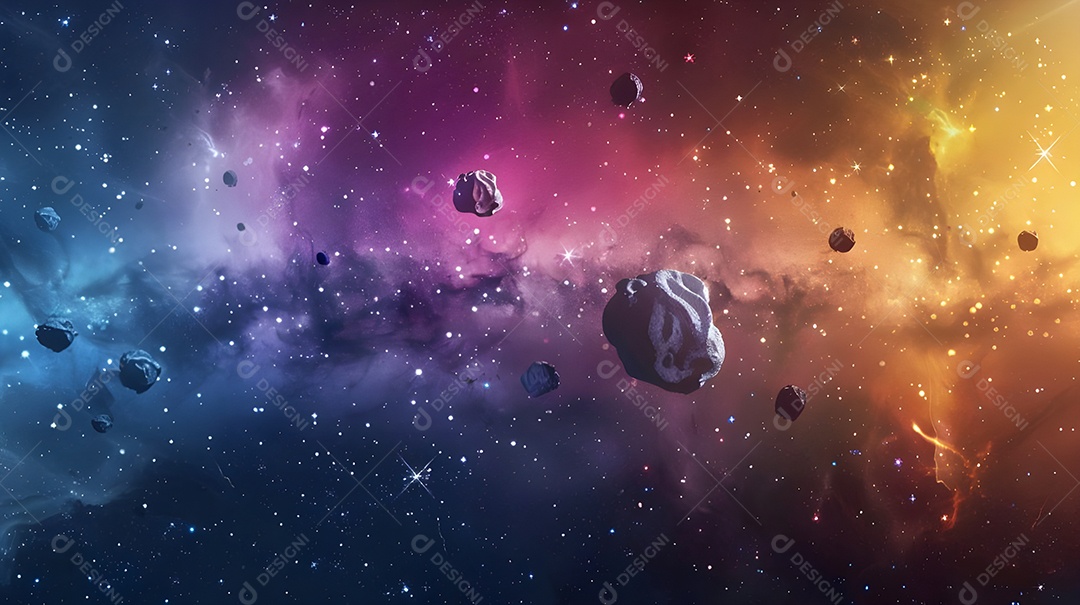 Um céu linido com estrelas e asteroides