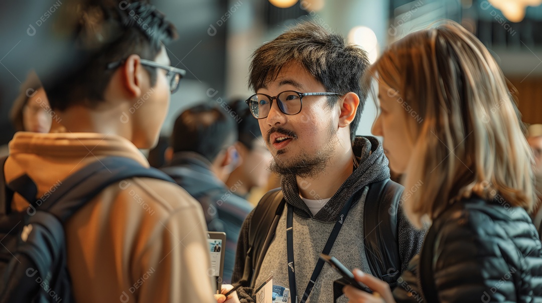 Pessoas conversando em uma conferência de tecnologia científica