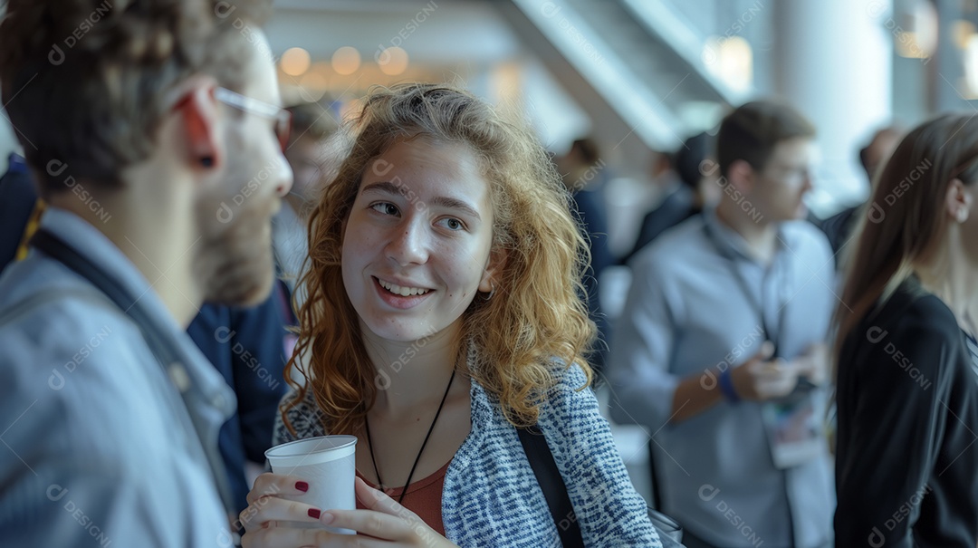Pessoas conversando em uma conferência de tecnologia científica
