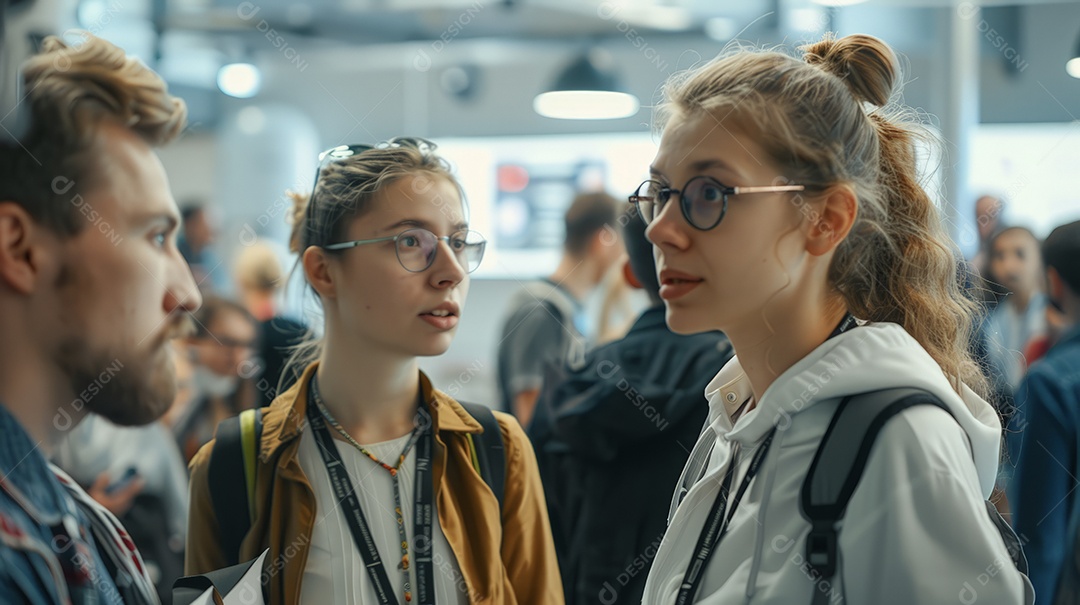 Pessoas conversando em uma conferência de tecnologia científica