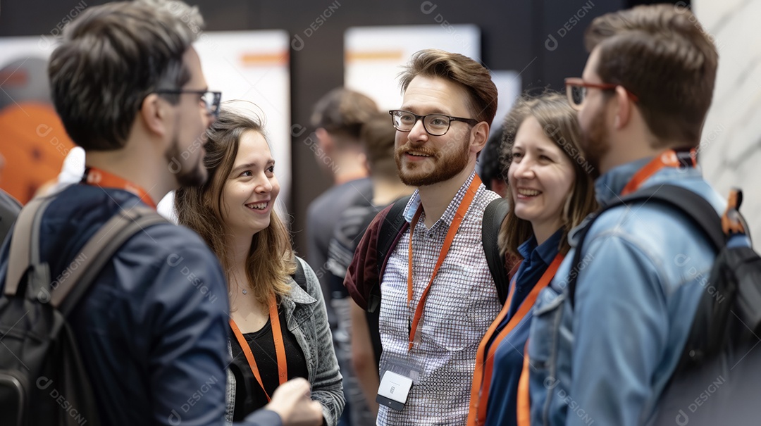 Pessoas conversando em uma conferência de tecnologia científica