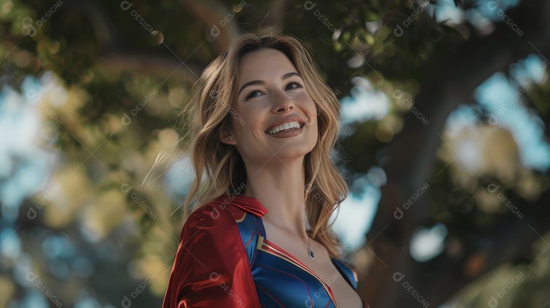 Impressionante e linda mãe top model em fantasia de super herói