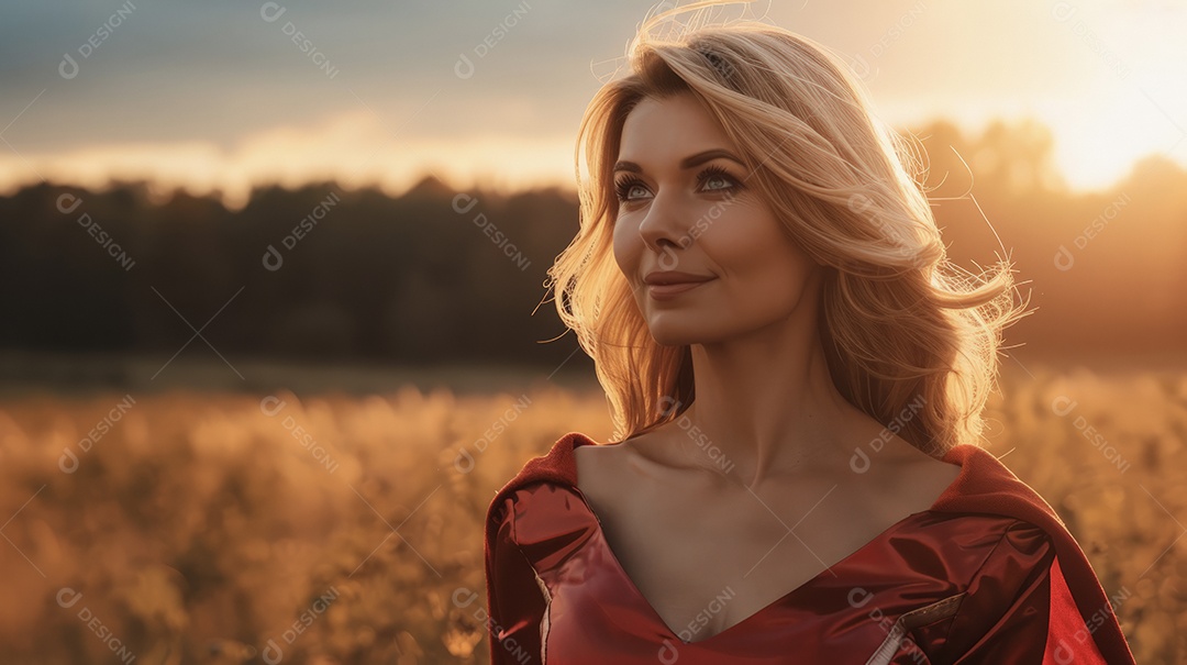 Mulher em campo para fotos com fantasia de mulher maravilha