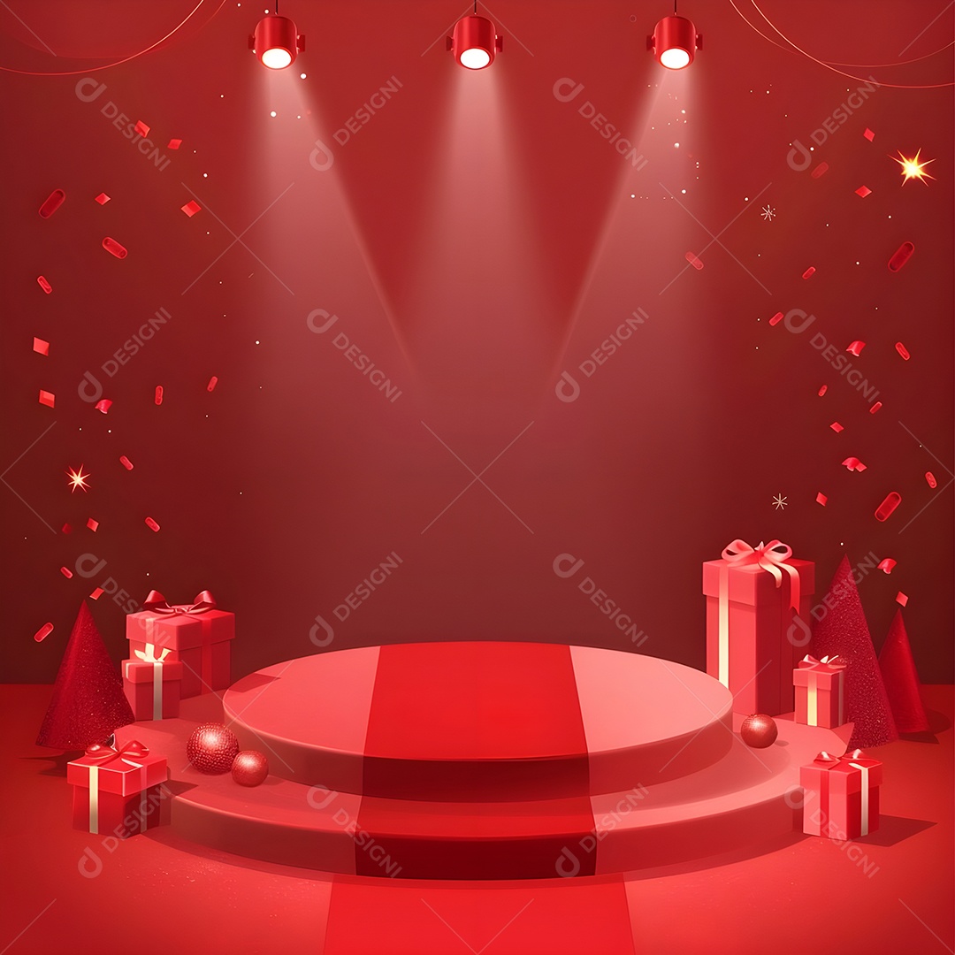 Palco com presentes e luzes vermelhas e confetes
