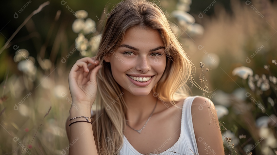 Uma linda garota loira sorrindo em um campo