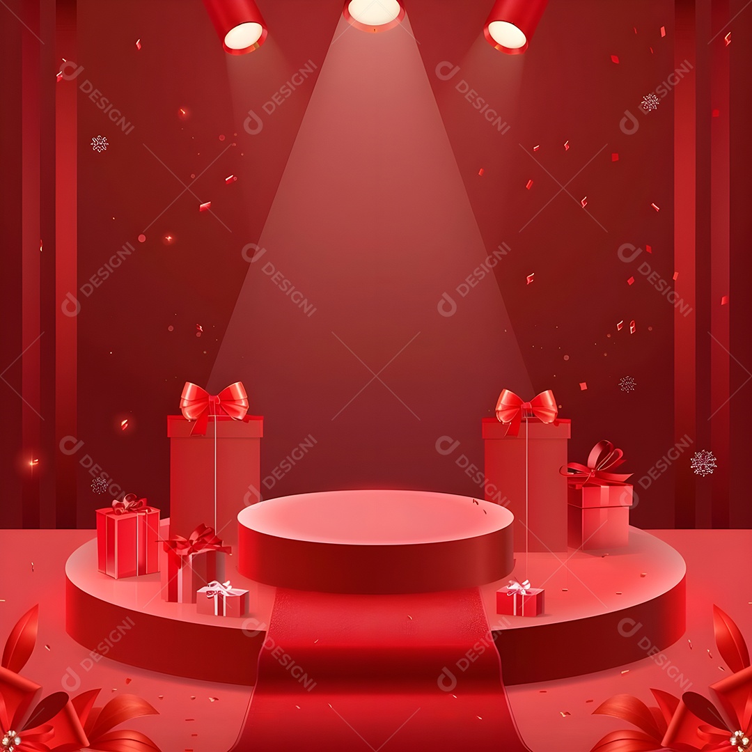 Palco com decoração vermelha e presentes com confetes