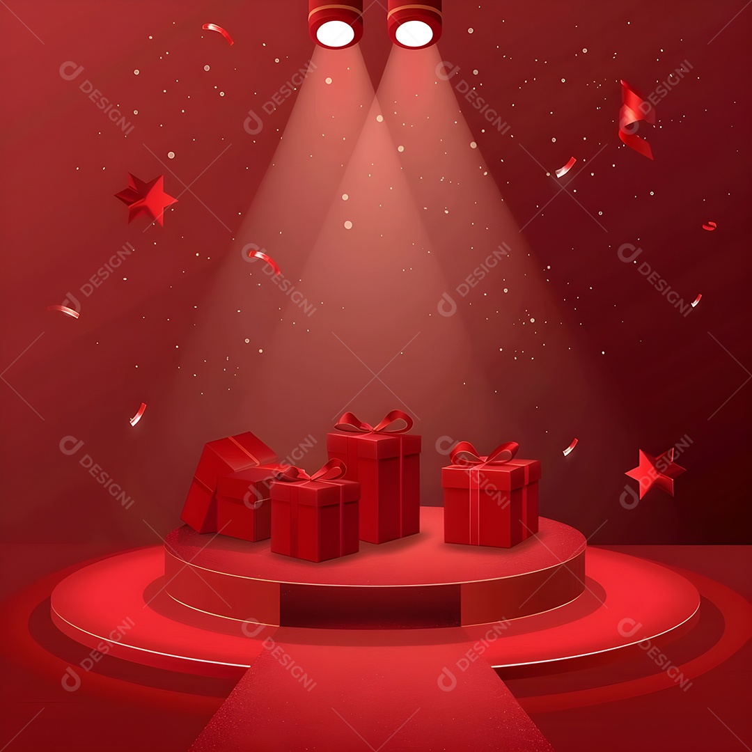 Palco com presentes toda da cor vermelha