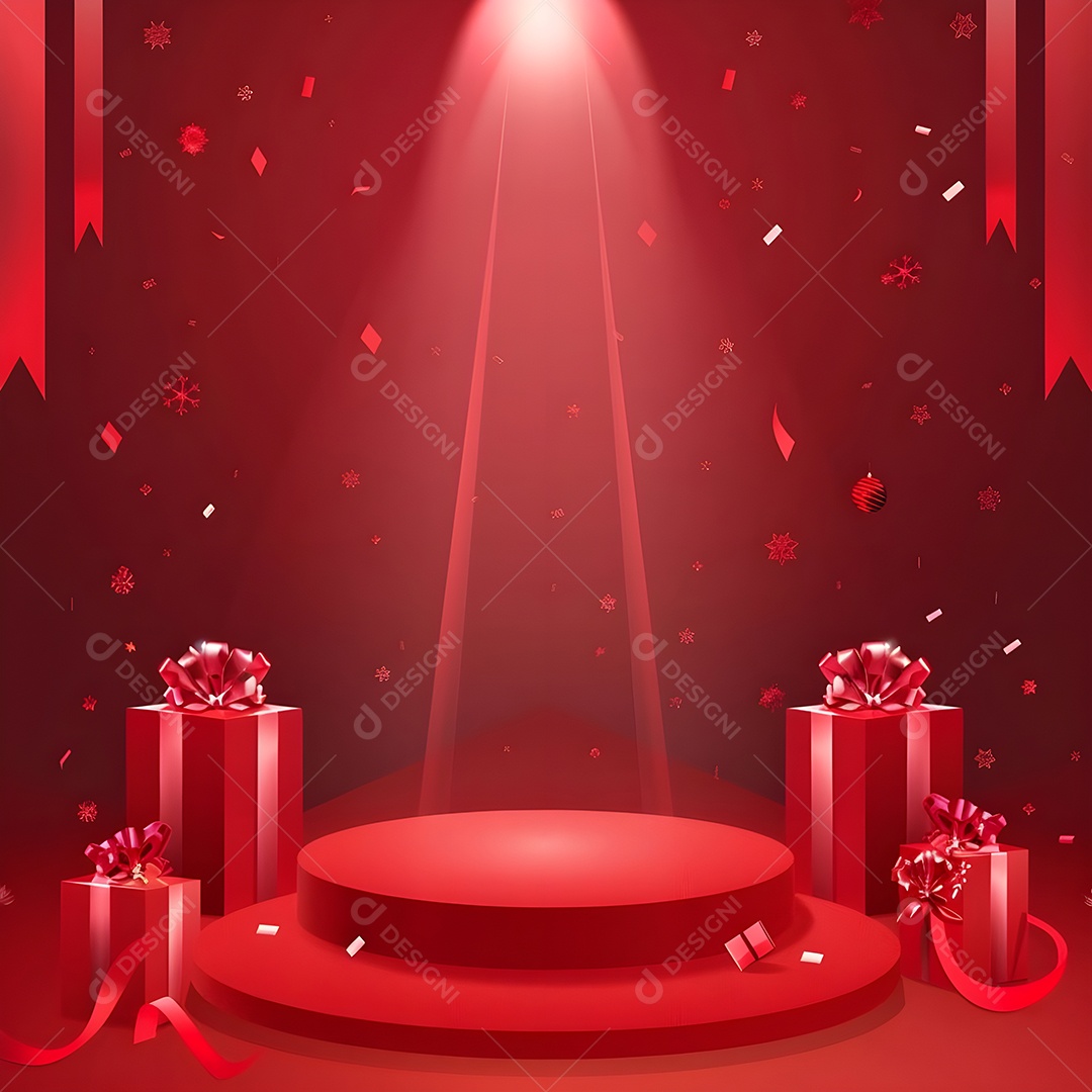 Cenário vermelho com palco e presentes com confetes