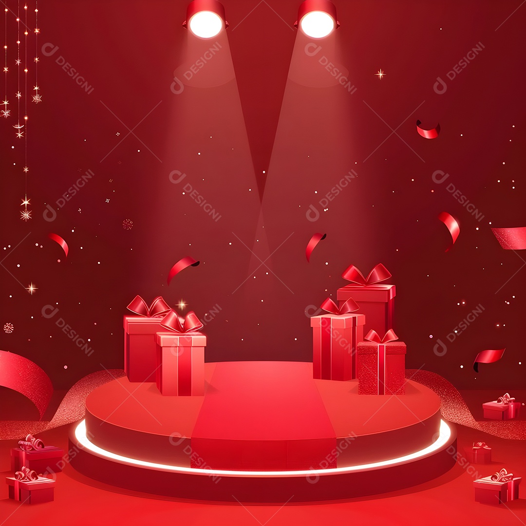 Cenário vermelho com palco e presentes com confetes