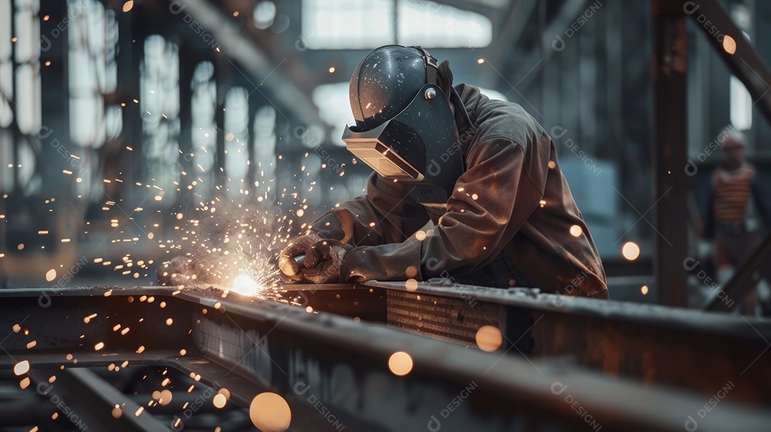 Homem trabalhando em fabrica soldando ferro